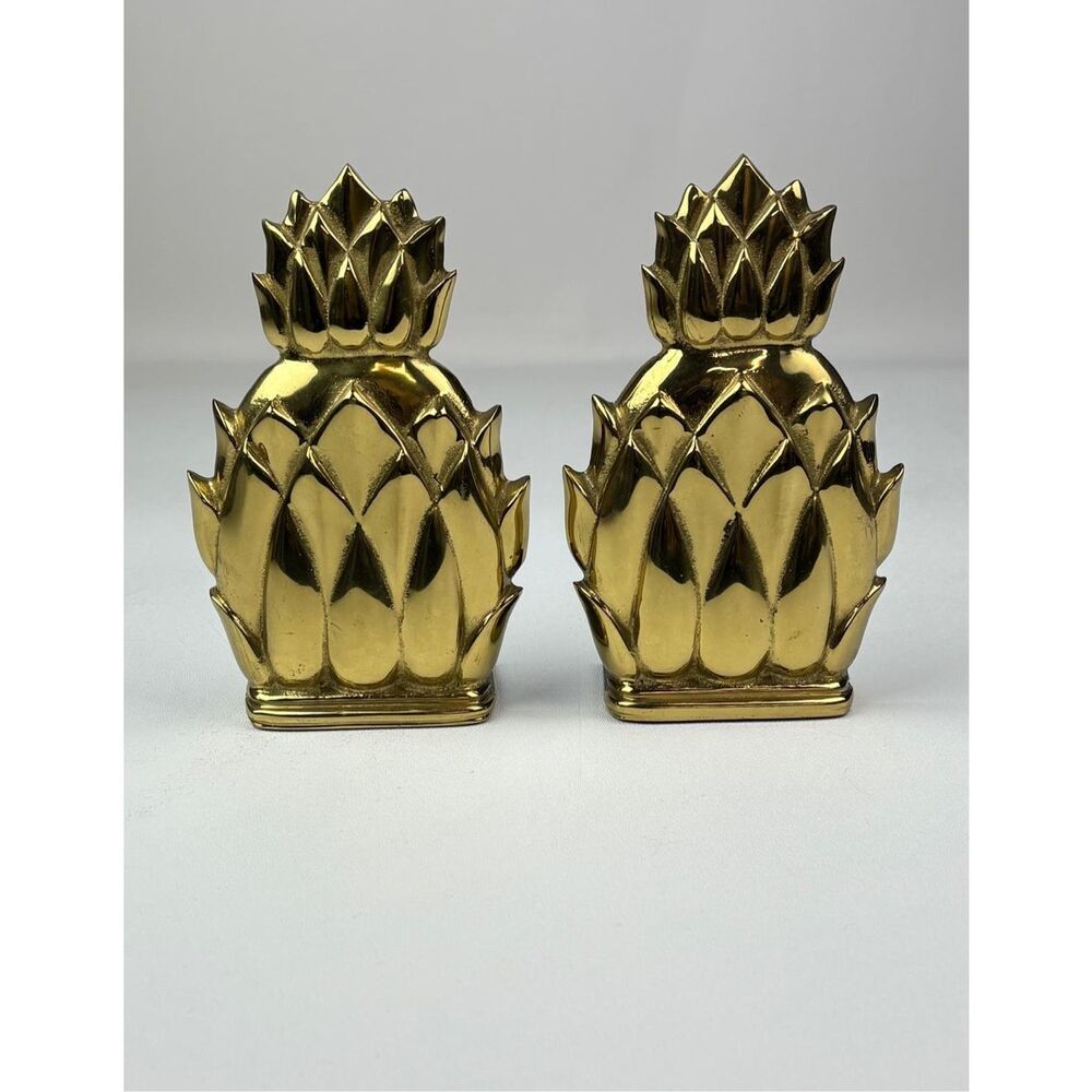 VTG Pair Virginia Metalcrafters Newport Solid Brass Pineapple Bookends Heavy MCM
